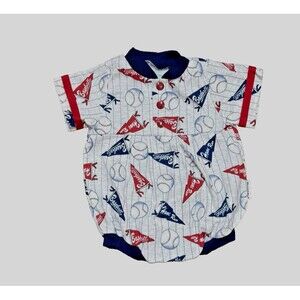 Vtg Healthtex Infant Bubble Romper Baseball Jersey Inspired Pennants Sz 6-9m